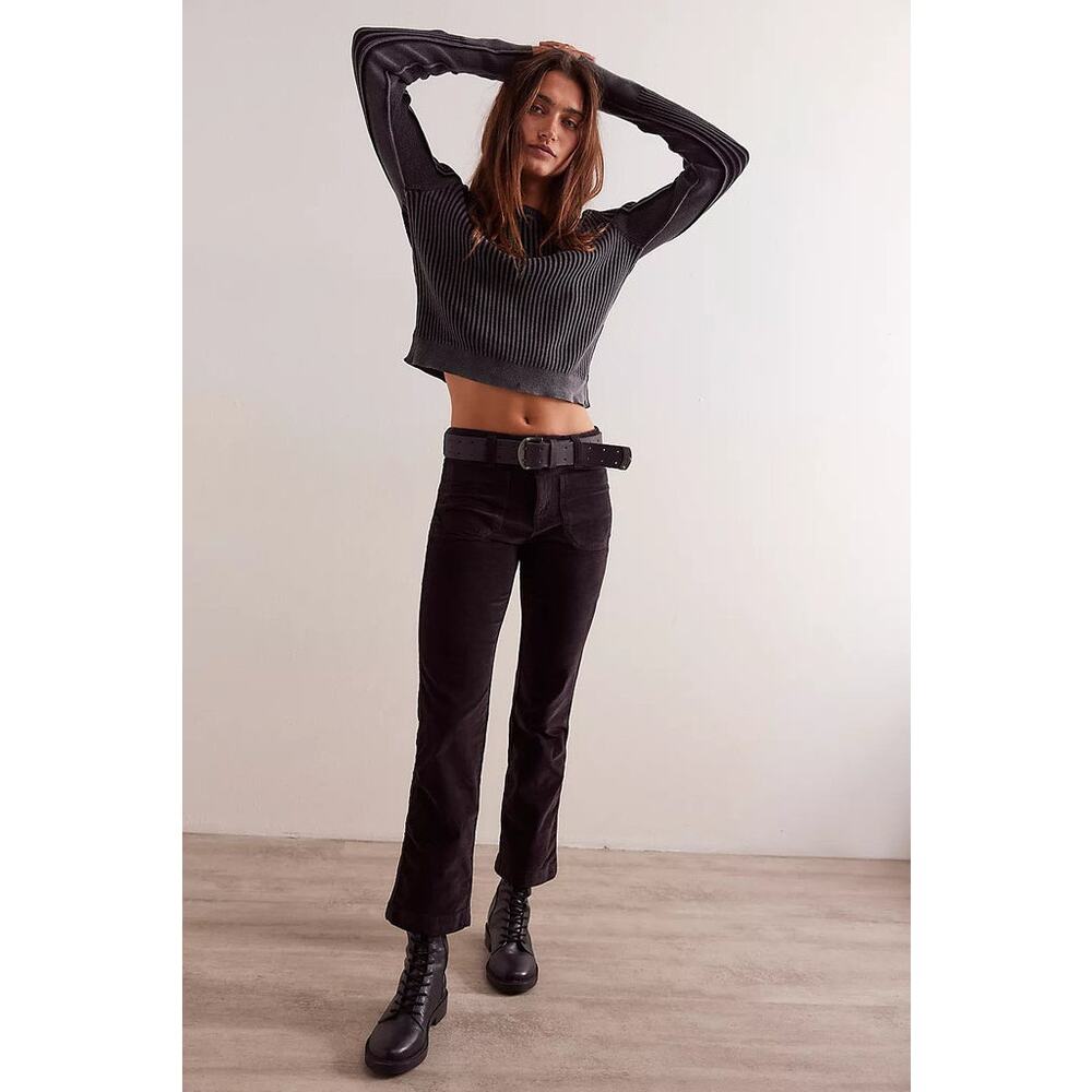 Free People High Time Kick Flare Black Corduroy Velvet Pants Size 4 NEW